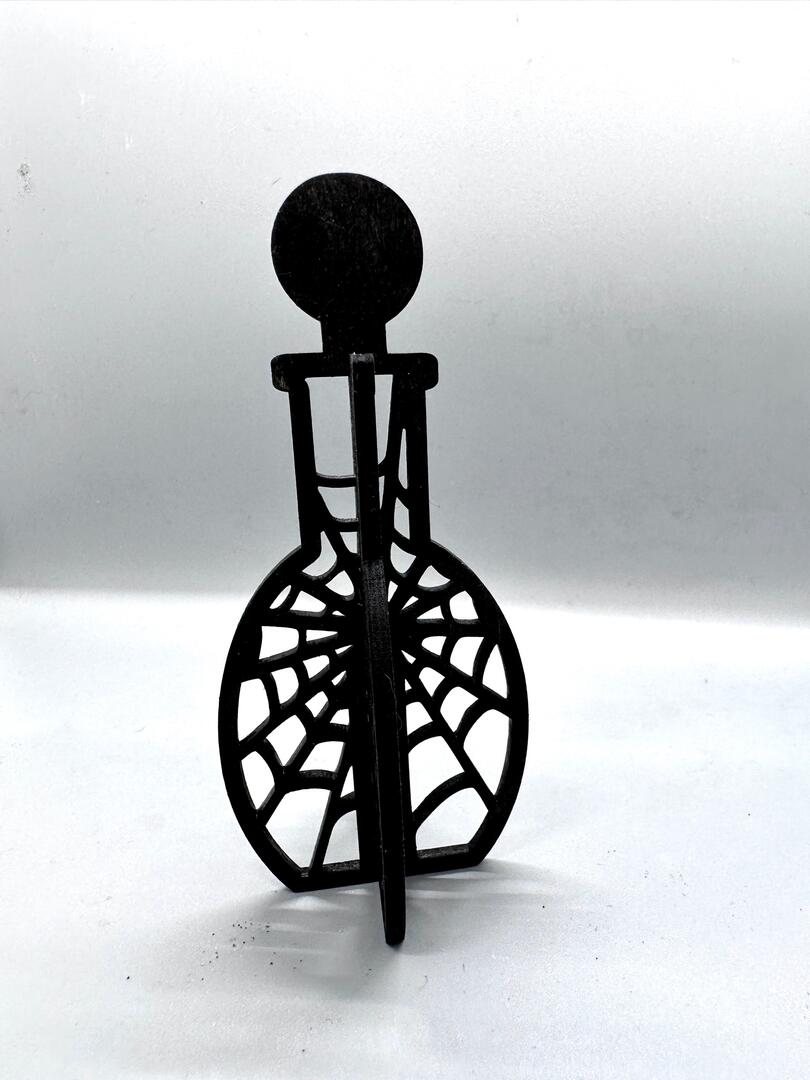 Photo of wood cutout potion bottle with a spiderweb in the middle.