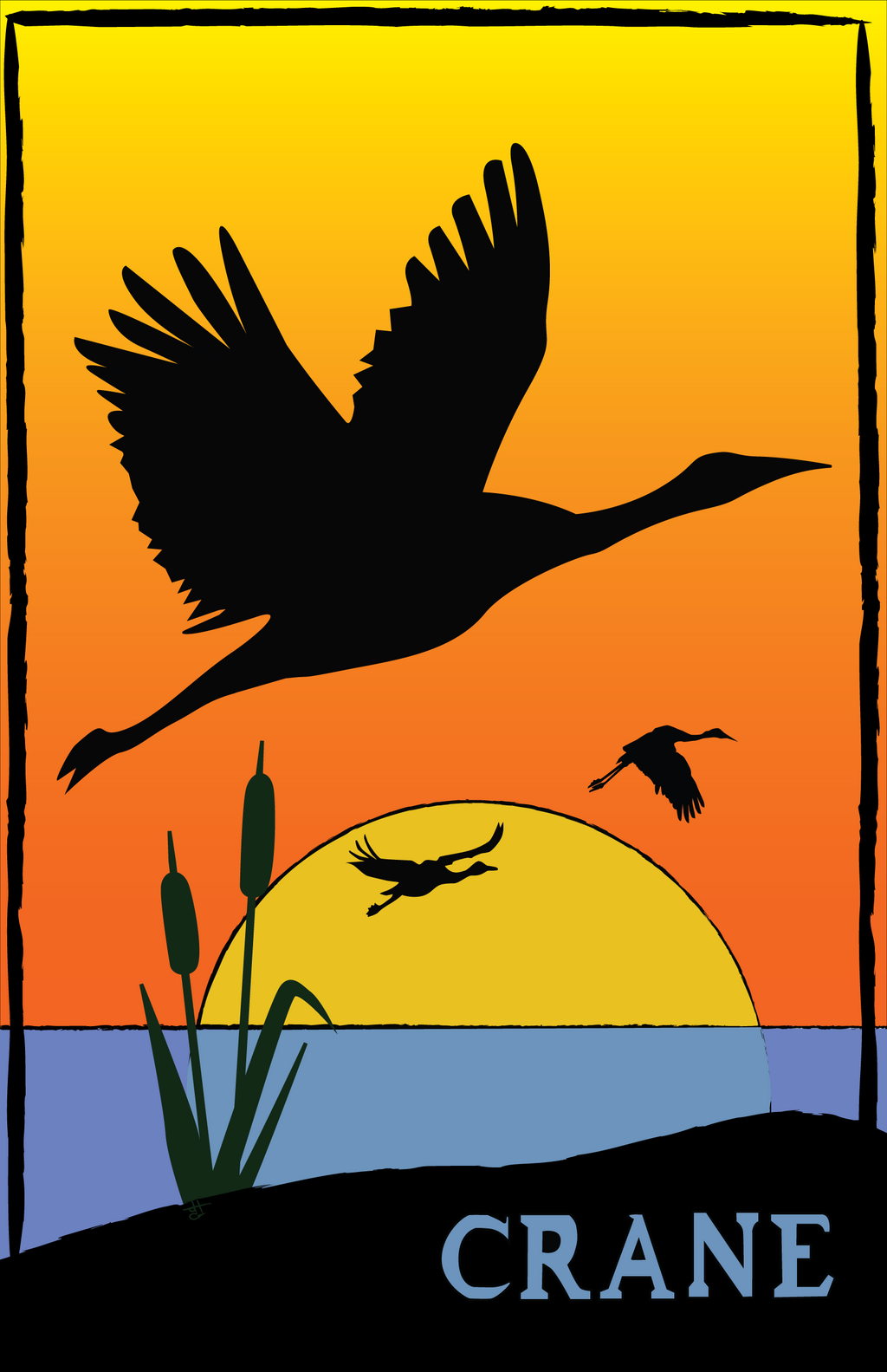  Silhouette of three cranes flying over a sunrise and cattail at a pond.